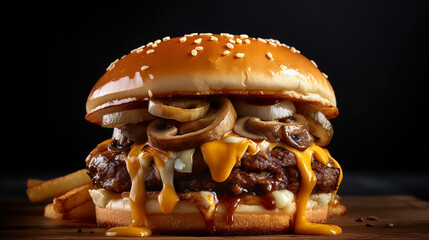Grilled Smash Burger with cheese, caramellised onions and mushroms, generative ai