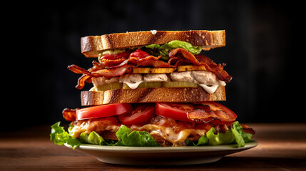 A stacked club sandwich with layers of roasted turkey, crispy bacon, fresh lettuce, ripe tomatoes, and creamy mayonnaise on toasted bread, generative ai