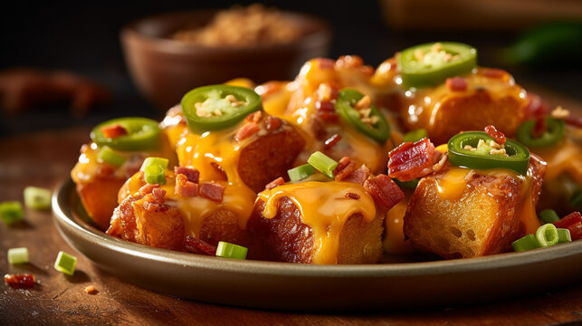 A Platter Of Loaded Pretzel Bites, Topped With Melted Cheese, Diced Jalapenos, And A Drizzle Of Spicy Mustard Sauce, Generative Ai