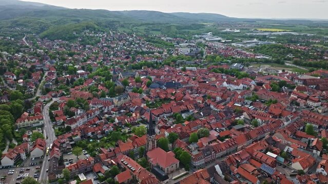 Drone shot of Wernigerode . It is a town in the Harz district of central Germany