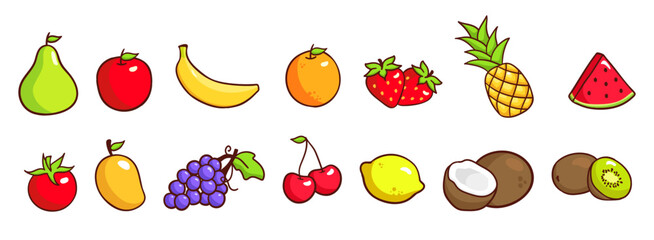 Conjunto de frutas coloridas hechas a mano, colección de varias frutas frescas