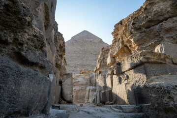 Pyramid among large rocks in the morning in the Giza pyramids area in Egypt