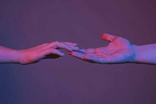 Touch Of Two Hands. Man And Woman Hand About To Touch With Index Finger. Couple Hands Reaching To Each Other. Hand Try To Touch. Two Hands Reaching Towards Each Other. Couple Hand Touch.