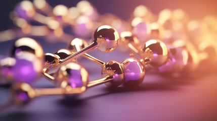 Molecular cosmetics, molecular chain of golden molecules violet background, golden threads cosmetology. concept of health beauty Generative AI