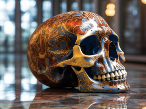 painted skull in a mirrored room