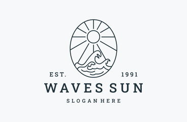 Fototapeta premium Waves sun logo vector icon illustration hipster vintage retro .