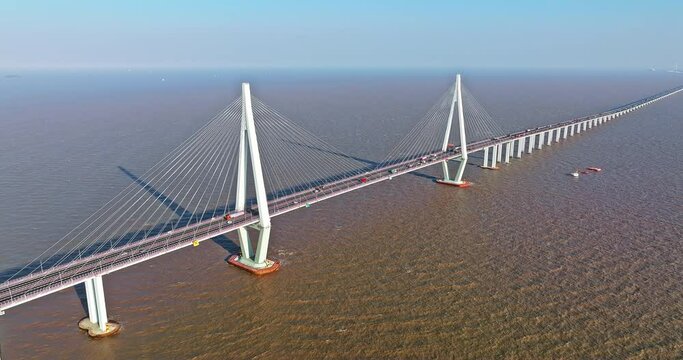 Aerial view of Hangzhou Bay Bridge scenery in Jiaxing, Zhejiang Province, China. The total length of the bridge is 36 kilometers. The design speed is 100 kilometers per hour. 