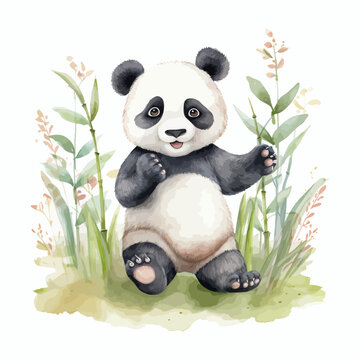 Cute baby panda cartoon in watercolor style