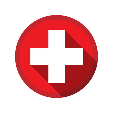 White cross in a red circle. First aid icon. Vector illustration.