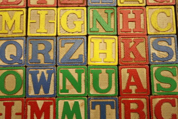 Children's wooden alphabet blocks spell out.