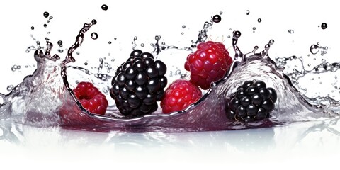 Close-up of three juicy raspberries and two blackberries in a splash of clear water on a white background. AI generated 