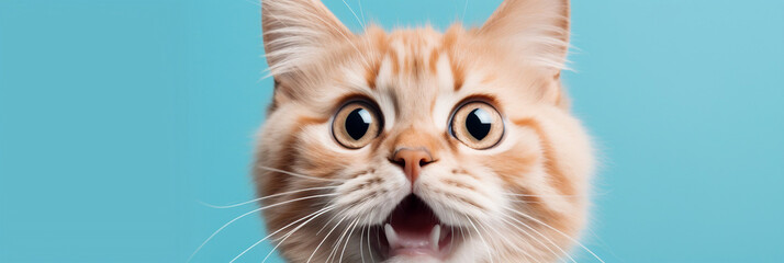 adorable cute cat with surprised expression isolated on blue background, banner, generative AI