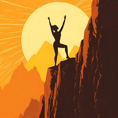 Woman on a Mountain peak . Achievement concept illustration Generative AI