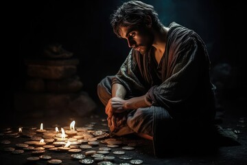 Judas 30 pieces of silver, sack thirty coins biblical symbol betrayal, religion, Bible A crown of thorns with thorns, a noose gallows ,creative reproduction of history Jesus Christ God