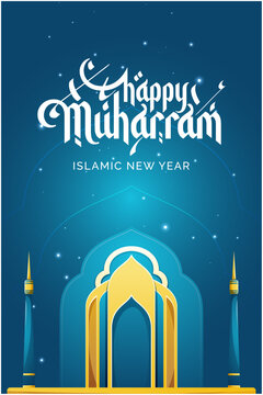 Happy muharram greeting with islamic lanterns
