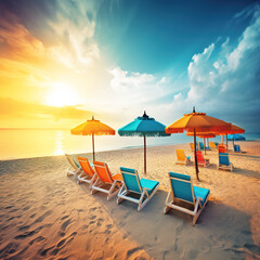 beach colorful parasols and benches Generative AI