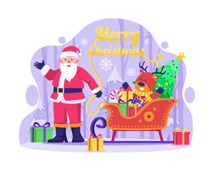 Santa Claus, Reindeer with a Sleigh Full of Gifts wishes me a Merry Christmas and a Happy new year. Vector illustration in flat style