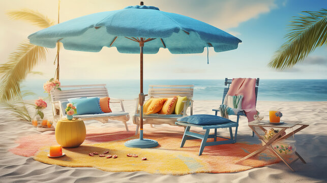 beach colorful parasols and benches Generative AI