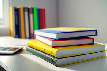 A book pile close up on a study desk. Front view pile book. For festival of world book day, national book day or national education day. Stack of colorful books on study table by AI Generated