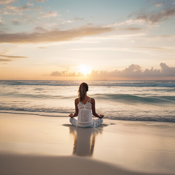the back of a woman meditating at sea Generative AI