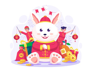 Happy Chinese Lunar new year with Two Kids holding lanterns and a giant Rabbit doing fist and palm greeting salute gestures. Vector illustration in flat style