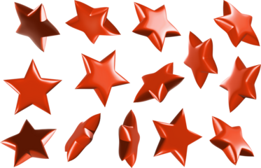 Red chrome stars with texture and realistic lights and shadows, several angles.
