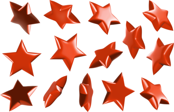 Red chrome stars with texture and realistic lights and shadows, several angles.