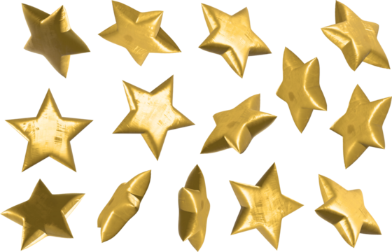Gold stars with texture and realistic lights and shadows, several angles.