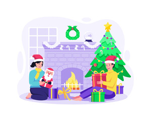 Two little kids are opening Christmas gifts near a warm cozy fireplace and Christmas tree. Merry Christmas and Happy New Year. Vector illustration in flat style