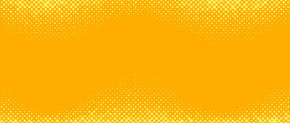 Yellow orange halftone background. Retro comic gradient background. Square pixilated dots cartoon texture. Pop art faded gradient pattern. Vector backdrop.