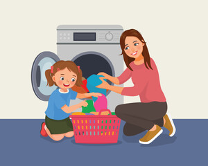 Cute little girl helping her mother doing laundry with washing machine