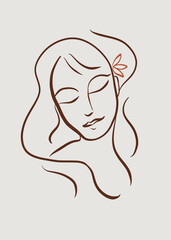 feminine face minimalist art. scandinavian and boho art. sensual woman. hair. lines drawing art. closed eyes