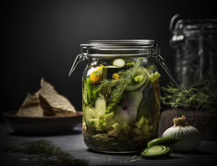Close up preserved vegetables in jars on kitchen counter. Post-processed generative AI