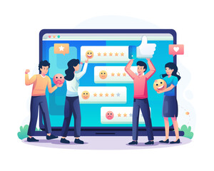 Customer feedback with people giving star ratings. Clients choose satisfaction ratings or evaluations for products or services. User experience or client satisfaction. Vector illustration in flat