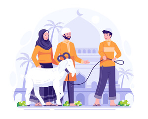 Happy Eid Adha Mubarak. Muslim People bring a goat for Qurban or Sacrifice on Eid Al Adha. Vector Illustration