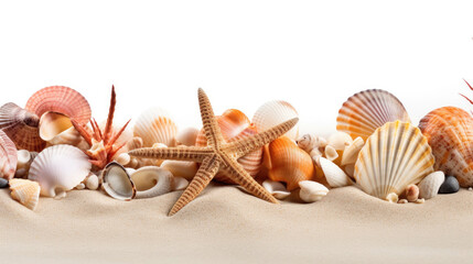 Beach sea themed banner with beautiful shells and coral.