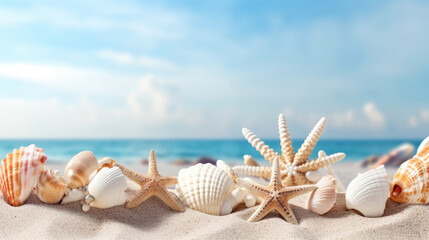 Beach sea themed banner with beautiful shells and coral.