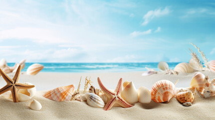 Fototapeta na wymiar Beach sea themed banner with beautiful shells and coral.