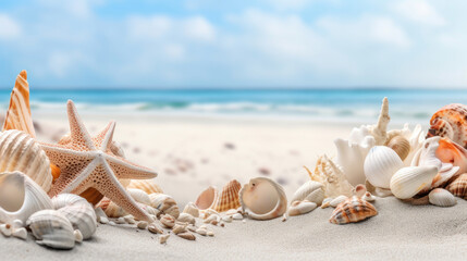 Fototapeta na wymiar Beach sea themed banner with beautiful shells and coral.