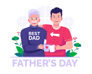 Happy Father's Day. The adult son and his elderly gray-haired father embrace each other with love. Vector illustration