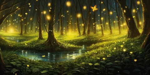 Step into a magical forest illuminated by the gentle glow of countless fireflies  Generative AI Digital Illustration Part#060623 