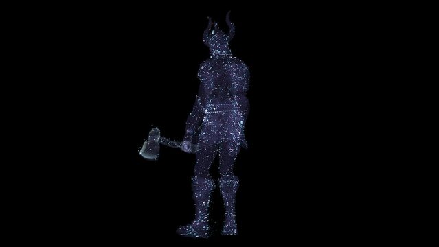 A blue hologram of a Viking warrior walking, holding an axe in his hand, on black background, 3D animation.