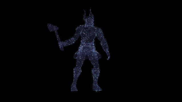 A blue hologram of a Viking warrior ready to attack, holding an axe in his hand, on black background, 3D animation.