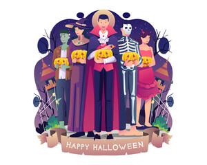 Group of people in costumes of vampire, witch, skeleton, and zombie celebrating Halloween. People are carrying Halloween pumpkins. Vector illustration in flat style