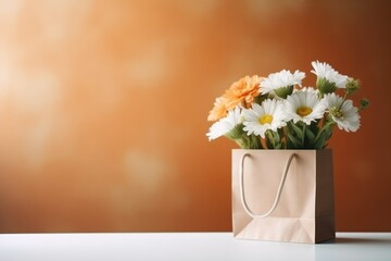 bouquet of flowers in paper shopping bag, eco marketing concept, space for text. AI generated