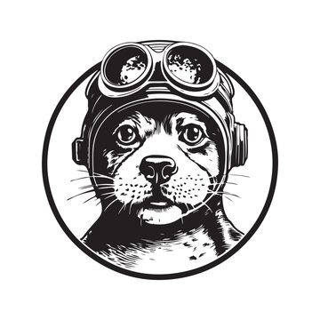 recommend clip art: walrus pilot, vintage logo line art concept black and white color, hand drawn illustration