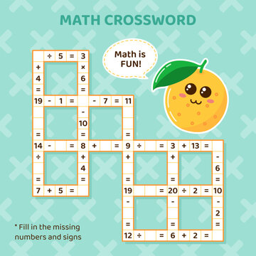 Math Crossword puzzle for kids. Addition, subtraction, multiplication and division