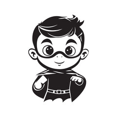 kid superhero, vintage logo line art concept black and white color, hand drawn illustration