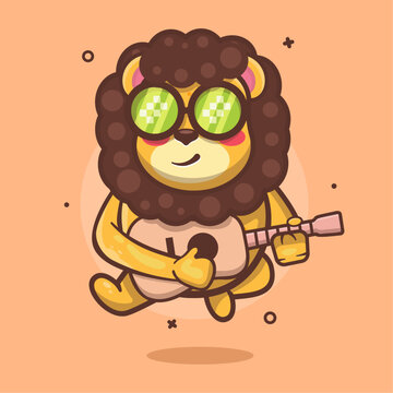 cool lion animal character mascot playing guitar isolated cartoon in flat style design