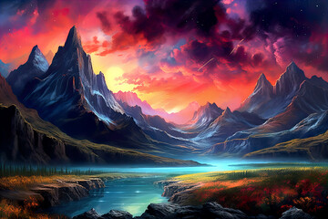 Painting of a Colorful Landscape with Mountains, a Lake, Fields, and Clouds. Generative AI